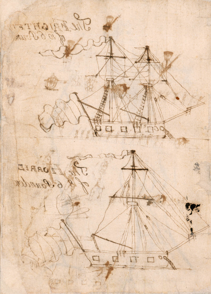 Color photograph of black ink drawings of two ships with lines, masts, sales, flags, and windows. The top ship is called The Frightful of 10 6 Pounders, the bottom is called The Horis of 8 6 Pounders.